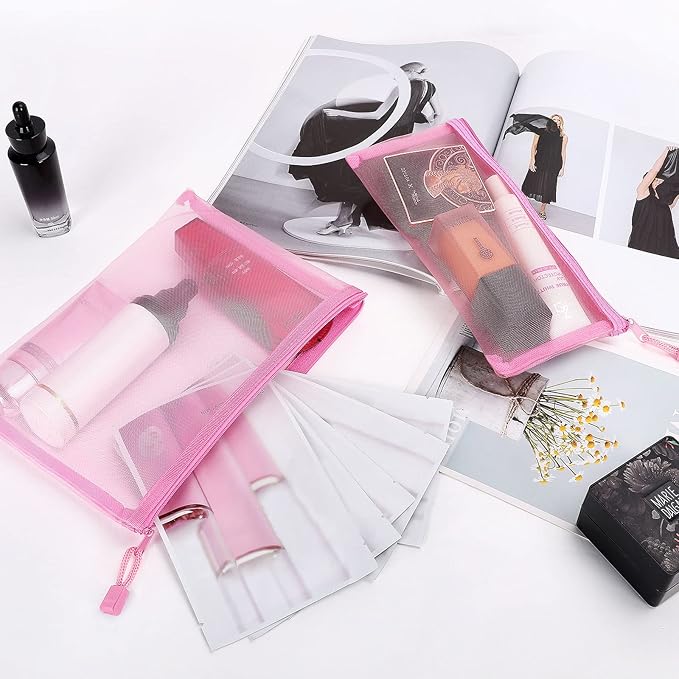 12 Pieces Zipper Nylon Mesh Pouch, Mesh Cosmetic Bags Makeup Bags Pencil Case, Multipurpose Travel Bags for Cosmetic School Office Supplies and Travel Accessories (Pink, A5+B6) (WB06)