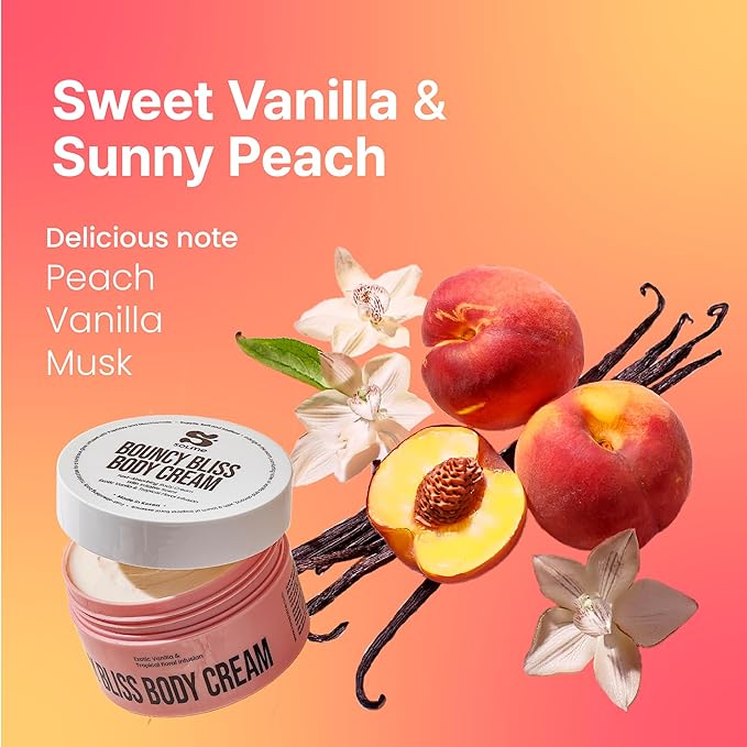 SOLME Bouncy Bliss Body Cream | Skin Tightening Body Butter with Coconut & Jojoba Oil, Collagen & Avocado Extract | Glowing Skin | Peach Vanilla Scent | K-Beauty, 6.76 fl. oz.