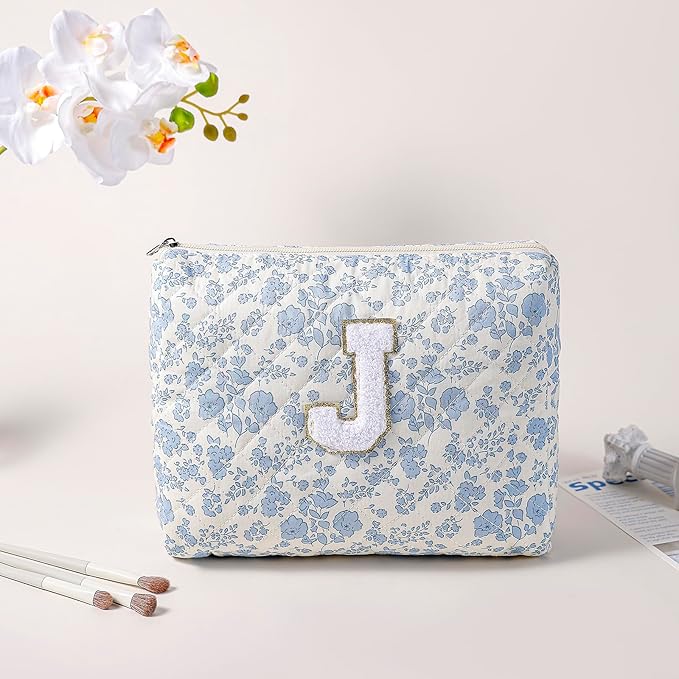 Alphabet Makeup Bag Cosmetic Bag for Women, Christmas Gifts for Age 11-18, Personalized Floral Coquette Travel Bag, Trendy Stuff Zipper Make Up Pouch Organizer Bag (Blue Floral J)