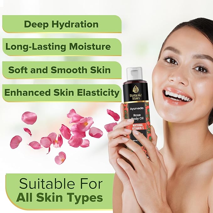 Ayurveda Rose Body Oil, Moisturizing & Hydrating Organic Vitamin E Oil, Body Oils for Women After Shower, Ayurveda Products for Crepey Skin Repair - 3.38 Fl Oz