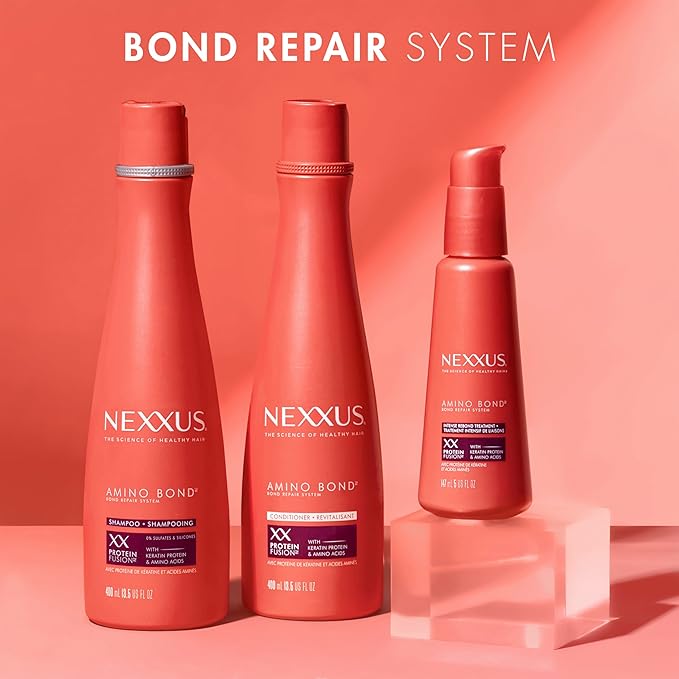 Nexxus Bond Repair Shampoo, Conditioner & Intense Rebond Treatment Bundle Amino Bond 3 Pack for All Types of Damaged Hair, with Keratin Protein and Amino Acids,