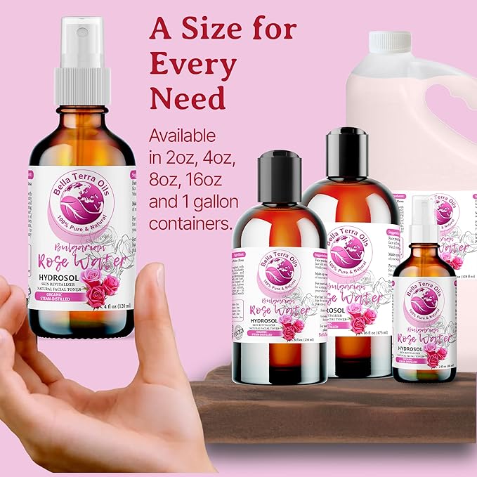Bella Terra Oils - Rosewater Spray 8oz - Crafted from the Heart of Roses, Subtle Face and Hair Refreshment, Pure Bulgarian Rose Essence