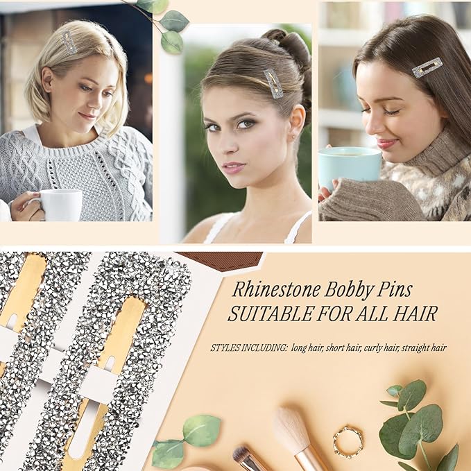 Rhinestone and Crystal Hair Clips 2-Pack, Sparkly Barrettes & Elegant Bling Accessories for Women & Girls(Set11)