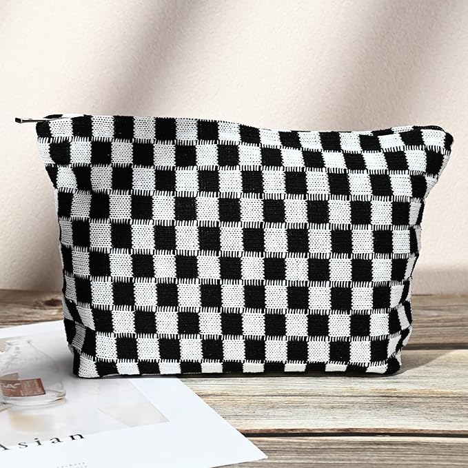 SOIDRAM 2 Pieces Black Makeup Bag Large Checkered Cosmetic Bag Capacity Canvas Mix Travel Toiletry Bag Organizer Cute Makeup Brushes Aesthetic Accessories Storage Bag for Women, Checkered Mix Black