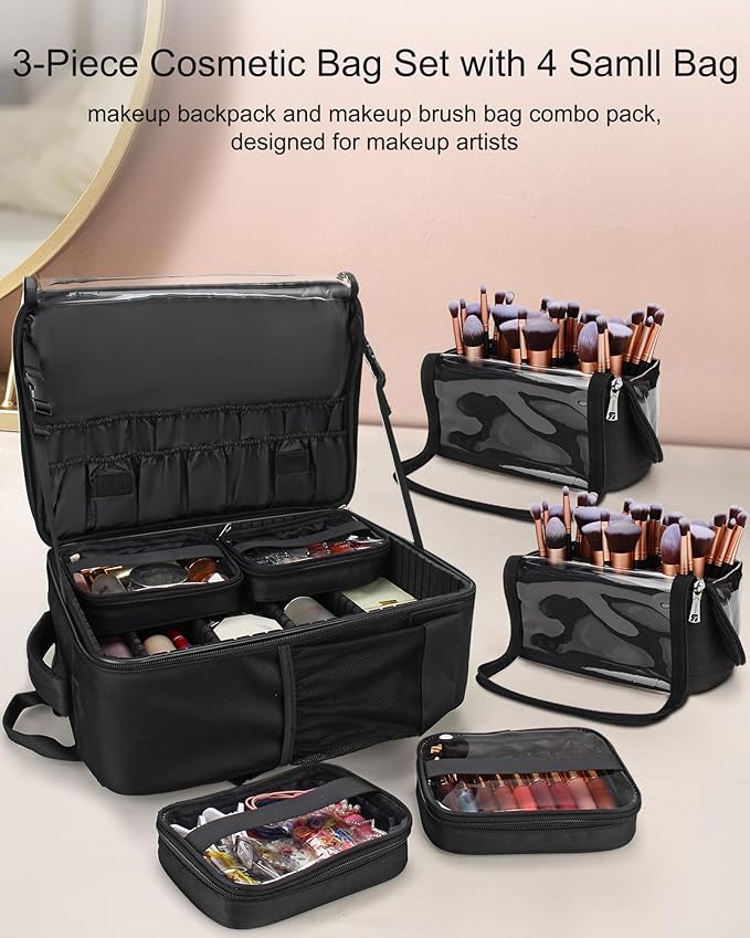 TANTO Makeup Backpack Makeup Artist Bag Professional Extra Large Cosmetic Bags Travel Train Case Storage Organizer Double-Layer Cosmetic Case with 4 Pouch and 2 Brush Bag (Black, Three)