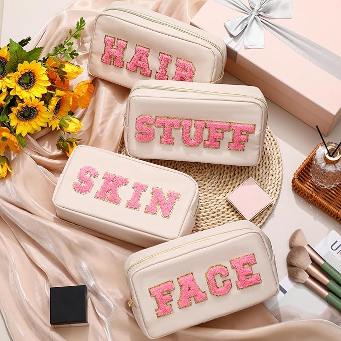 Remerry 4 PCS Nylon Cosmetic Bags Waterproof Spacious Travel Makeup Organizer for Women Chenille Letter Preppy Zipper Pouch Face Stuff Skin Hair Organizer Gift(Gentle White)
