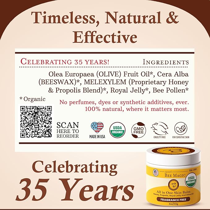 Sweet Bee Magic All In One Healing Organic Balm - Natural Skin Healing Cream, Beeswax Balm for Dry Skin, Face & Body Moisturizer - Certified Organic, All Natural Aid - (4oz Each, 24oz Total)