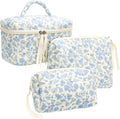 PAZIMIIK 3PCS Makeup Bag SET Large Travel Quilted Zipper Soft Cosmetic Case Pouch for Women Girls Make Up,Little Flower Blue