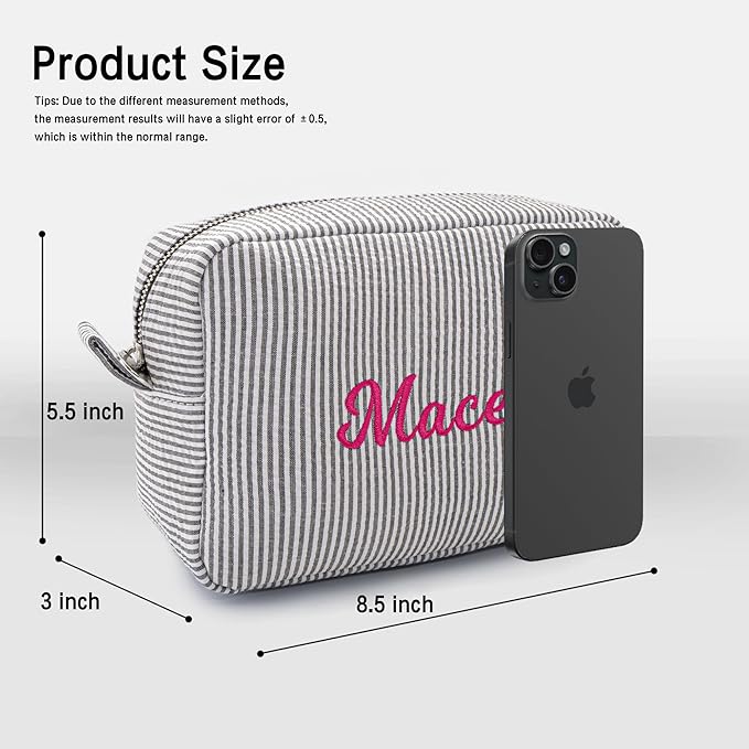 MT WORLD Cosmetic Bag Personalized Makeup Bag for Women Girls Seersucker Preppy Bridesmaid Makeup Bag Cute Aesthetic Toiletry Bag Girls Handbags Purses (Black)