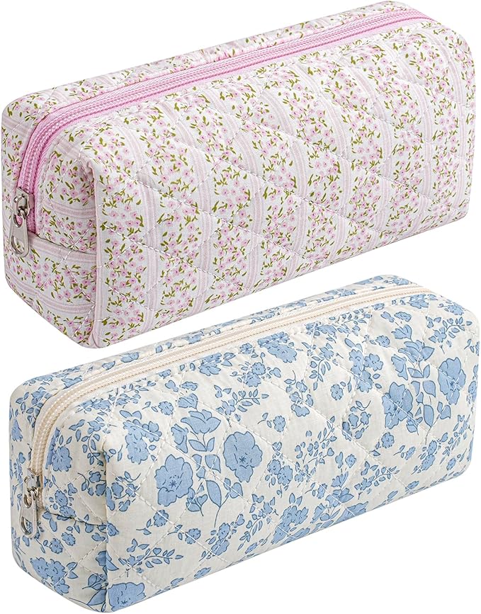 Cute Floral Cotton Makeup Brush Cosmetic Bag for Women, Travel Quilted Zipper Make Up Bag, Flowers Toiletry Organizer Case Kawaii Makeup Cosmetic Travel Cloth Pouch (Pink+Blue Floral)