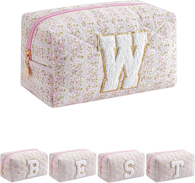 JOVAKIT Alphabet Makeup Bag Cosmetic Bag for Women, Christmas Gifts for Girls Age 6-18, Floral Flowers Coquette Travel Toiletry Zipper Make Up Pouch Organizer Trendy Stuff (Pink Floral W)