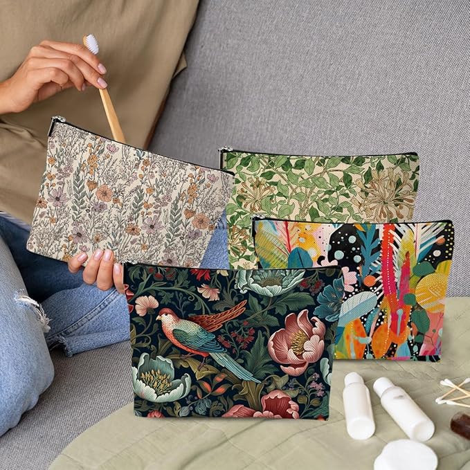 4 Pcs Cosmetic Bags for Women Makeup Bag, Thank You Gifts Christmas Birthday Friendship Gifts for Girls Friends Bestie Grandma Teacher Travel Toiletry Bag, Vintage Abstract Botanical Flower Bird