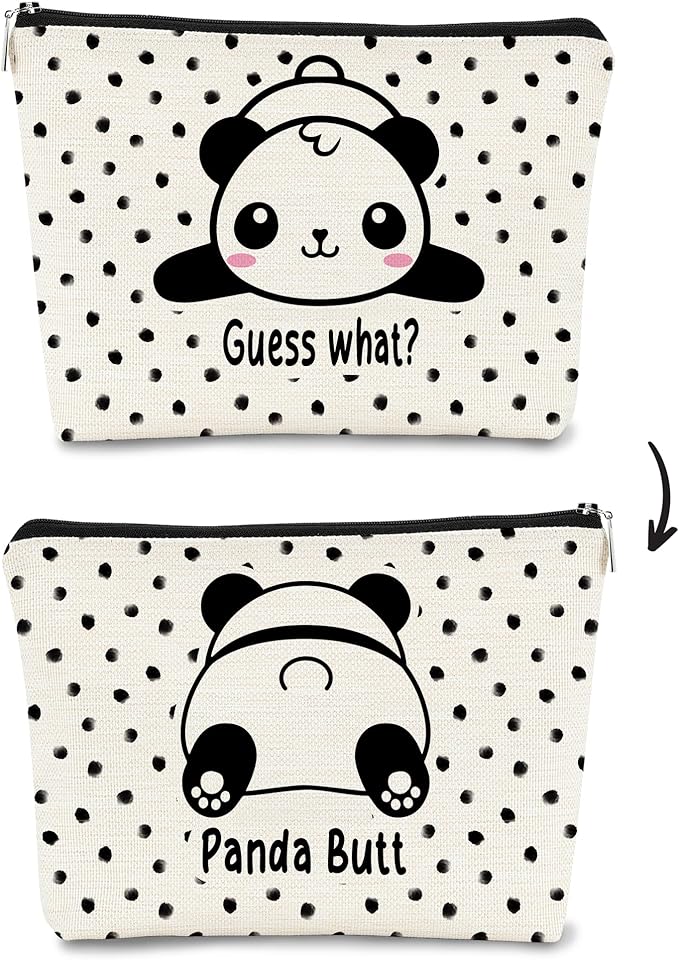 Panda Gifts Makeup Bag for Women Girls - Cute Baby Panda 'Guess What It's Pug Butt' Cosmetic Case for Teens Daughter - Accessories (Black and White Dots 1)