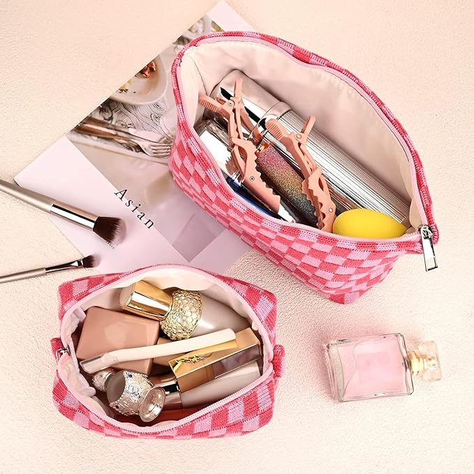 Travel Makeup Bag, Checkered Cosmetic Bag Make Up Organizer Case for Women, Small Toiletry Bag Skincare Pouch for Toiletries Accessories Brushes, 2PCS