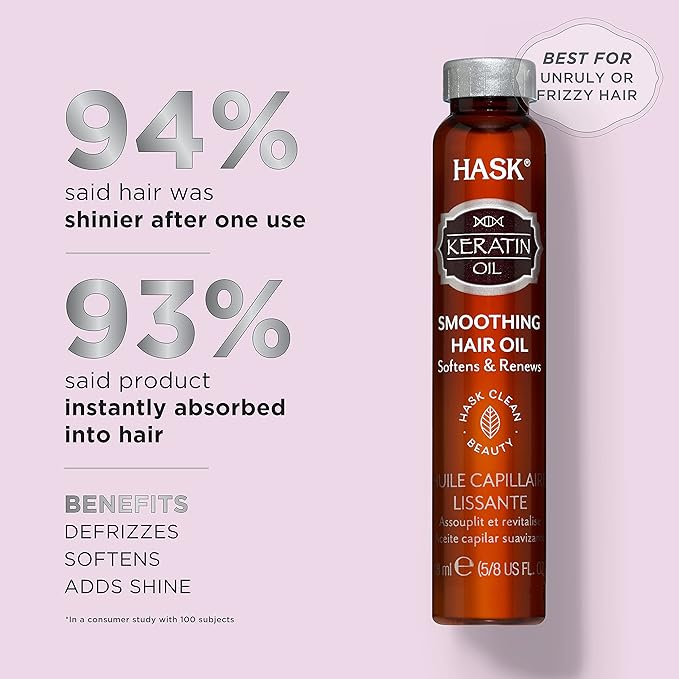 HASK Hair Oil, Keratin Smoothing Hair Treatment for Shine and Frizz Control, 12 Vials, Color Safe, Gluten-Free, Sulfate & Paraben-Free