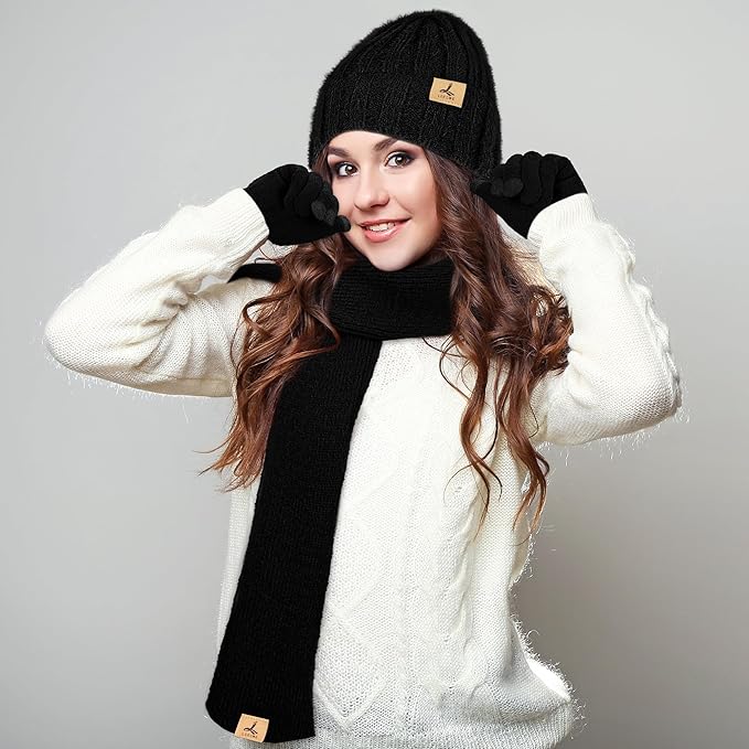 Winter Beanie Hat Scarf Gloves, Warm Fleece Knit Hat Long Scarf Neck Warmer Touch Screen Winter Gloves Set Gifts for Women