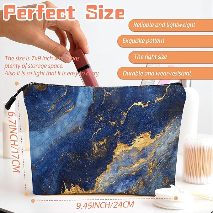 Cosmetic Bags Travel Makeup Toilet Case Waterproof Pouch for Women Girls 6.7X9.45inches - Blue And Gold Marble