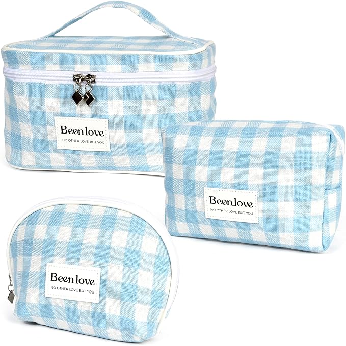 FAELBATY Checkered Makeup Bag, 3 Pack Large Travel Makeup Bag Set, Cosmetic Bag for Women (Blue)