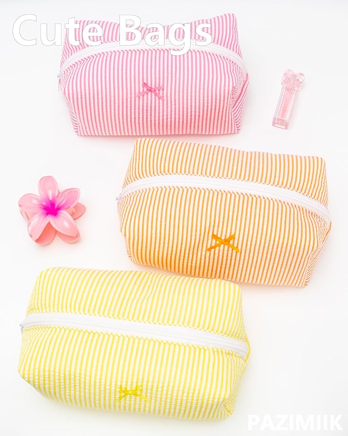 PAZIMIIK 6PCS Cozy Makeup Bag Small Aesthetic Travel Zipper Cosmetic Pouch for Women Make Up Beauty Accessories Brushes, Stripe Orange