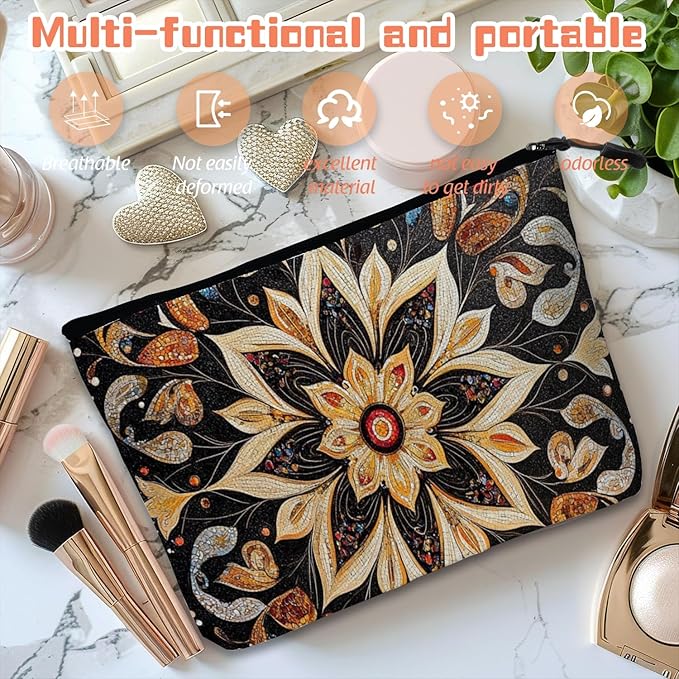 Cosmetic Bags Travel Makeup Toilet Case Waterproof Pouch for Women Girls 6.7X9.45inches - Symmetrical Gold Flower Pattern