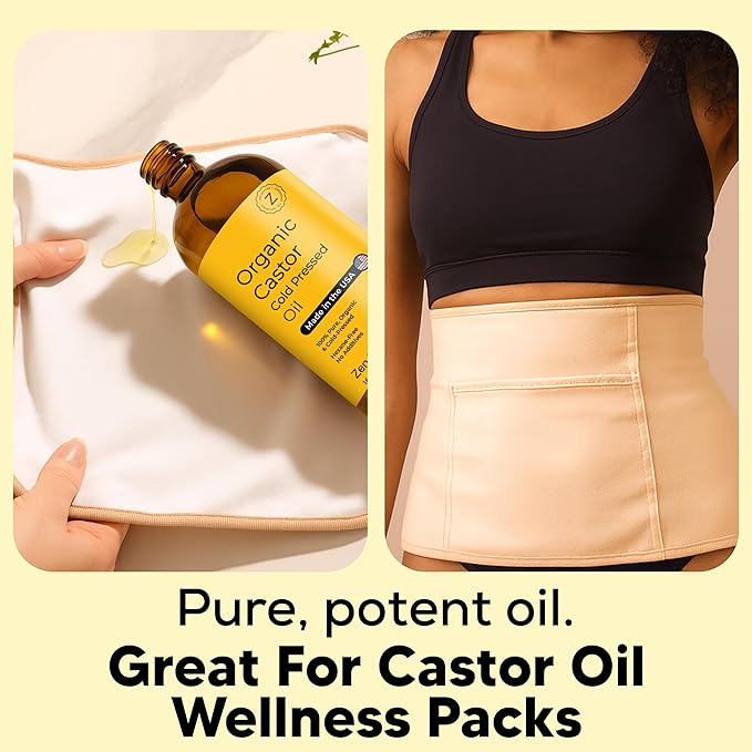 Zen Routine Organic Castor Oil (Glass Bottle - 16oz / 2-Pack) Hexane Free – Hair Growth Oil, Eye Lashes & Stomach, Pure 100% Cold Pressed Unrefined Castor Pack Wrap – USDA Certified, Made in the USA