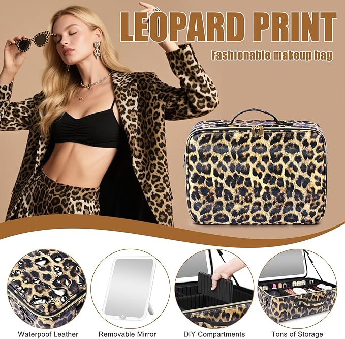 15''X11'' Makeup Bag with Removeable Lighted Mirror, Travel Makeup Case with 3 Color Lights Dimmable Brightness, Large Capacity Cosmetic Organizer Case with Detachable Dividers & Shoulder Strap