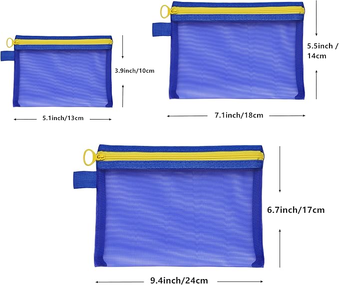 Quotidian Flat Clear Mesh Makeup Storage Pouch Blue Toiletry Bag Travel Organizer 3-Size Pack of 9 - Camping Holiday Work School Supplies