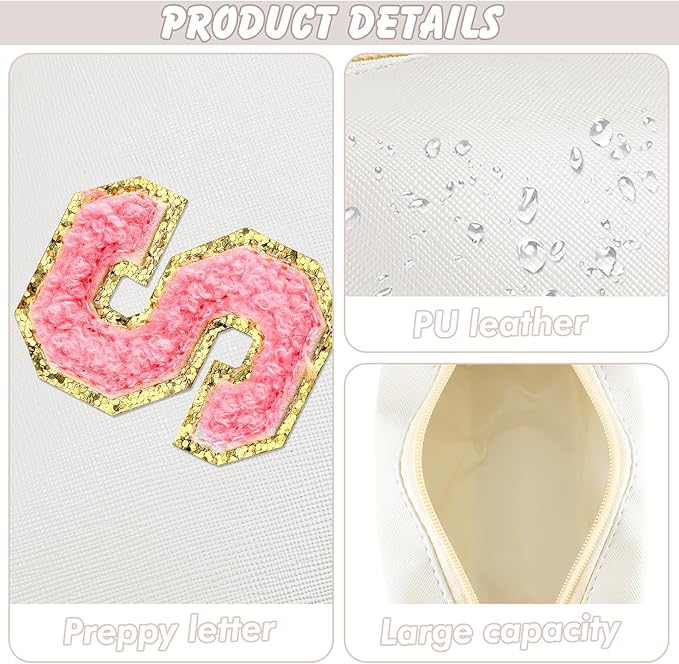 Initial Makeup Bag Personalized Preppy Travel Small Cosmetic Bag Cute PU White Chenille Letter Makeup Pouch for Purse Waterproof Zippered Toiletry Organizer for Women Girls Kids Friends (S)