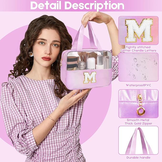 Personalized Initial B Clear Purple Makeup Bag - Large Travel Toiletry Bag, Cute Cosmetic Organizer Set for Girlfriend, Teacher, Teen Girl Gifts