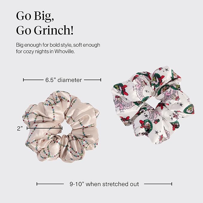 The Grinch x Kitsch Pillow Satin Scrunchies for Women - Hair Ties No Damage, No Crease Hair Accessories | For Day or Night Use | Ideal Gifts for Women - 2pcs