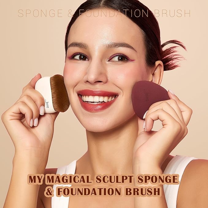Jessup Makeup Brush Foundation Brush with Makeup Sponge 1pc Kabuki Brush for Liquid, Cream or Flawless Powder Cosmetic Face Boby Brush, T882