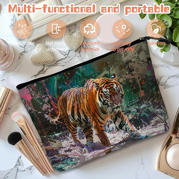 Cosmetic Bags Travel Makeup Toilet Case Waterproof Pouch for Women Girls 6.7X9.45inches - Artistic Tiger Walking Through A Splash - Filled Jungle