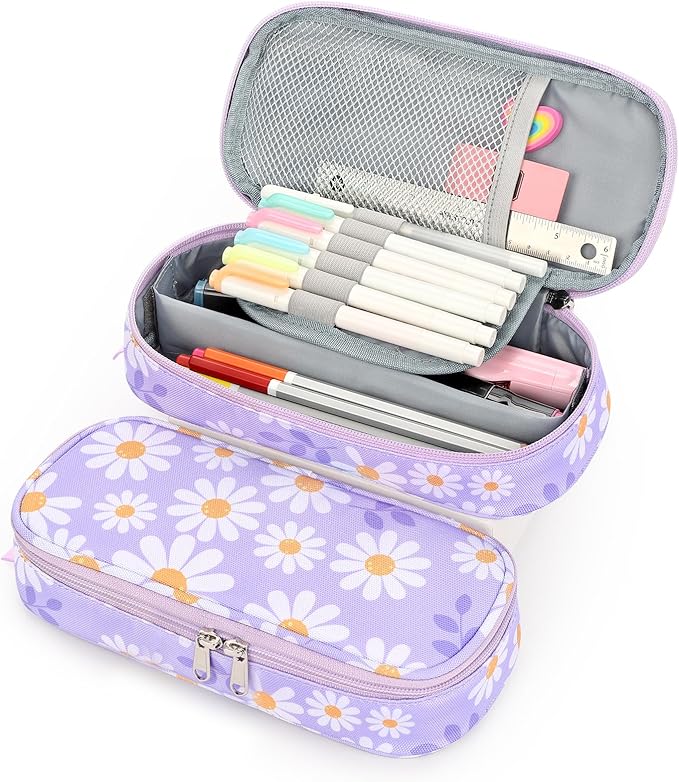 mibasies Girls Pencil Case for Kids, Multi-Slot Pencil Pouch, Daisy Purple