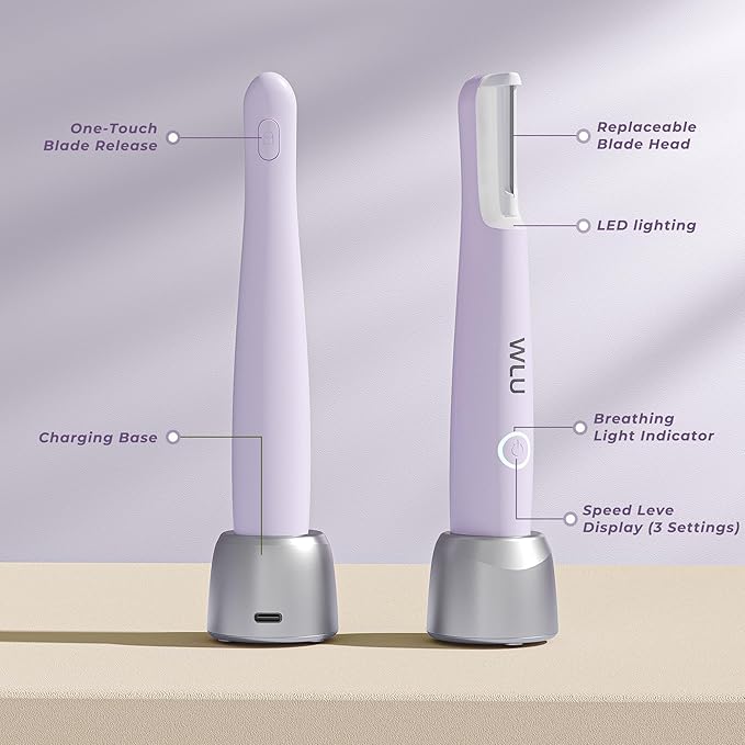 Dermaplane Razor for Women Face, WLU Rechargeable Face Dermaplaning Tool – Peach Fuzz, Facial Hair & Exfoliation Removal, Sonic Technology with LED Light, 3 Speeds & 10 Blades (Purple)