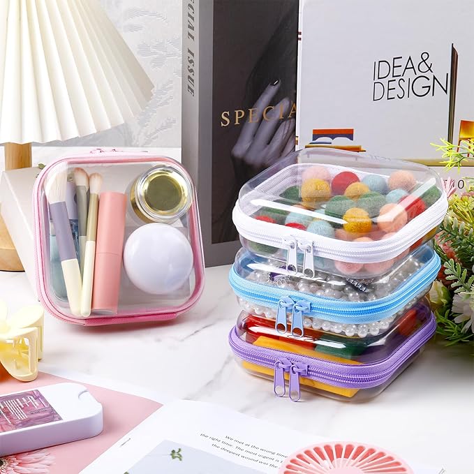Hoolerry 4 Pcs Hard Clear Zipper Case Makeup Bags Plastic Pencil Pouch Transparent Storage Box Containers for Cosmetics, Snacks, Building Blocks, Puzzles(Multicolor,5 x 5 x 2 in)