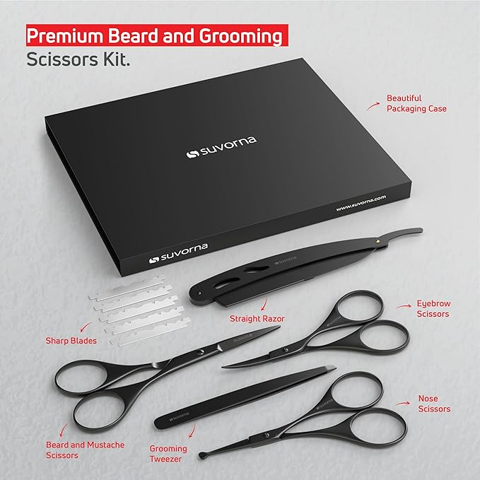 Suvorna Premium Beard & Mustache Set with Beard scissors for men, Straight Razor with blades- Facial Hair/Nose/Eyebrow Scissors - Slant Tweezers (6 Pcs Black)