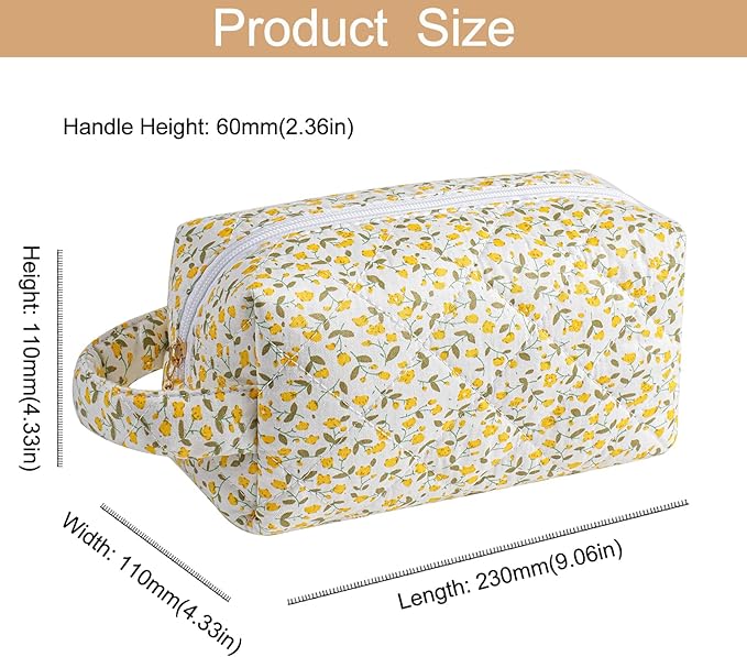 Makeup Bag Travel Cosmetic Bag for Women, Zipper Make Up Pouch, Floral Flowers Toiletry Organizer Makeup with Handle, Cosmetic Travel Cloth Bag (Yellow Floral)