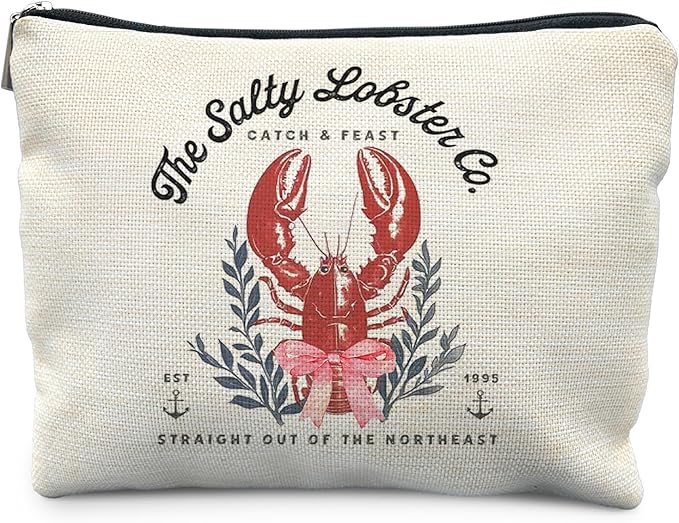 Crawfish Makeup Bag, Coquette Pink Bow Coastal Beach Nautical Lobster Cosmetic Bags for Women, Summer Seafood Makeup Zipper Pouch, Gifts for Beach Lovers