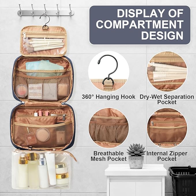 Travel Toiletry Bag For Women Small Hanging Toiletry Travel Makeup Bag lightweight Water-Resistant Toiletries Organizer case portable Cosmetic Bags For Women Blue