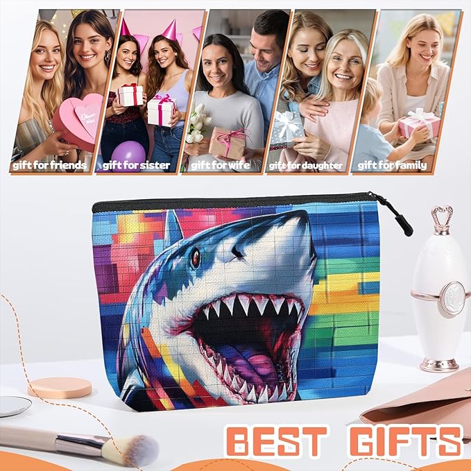 Cosmetic Bags Travel Makeup Toilet Case Waterproof Pouch for Women Girls 6.7X9.45inches - Graffiti - Style Shark Painting With Colorful Squares