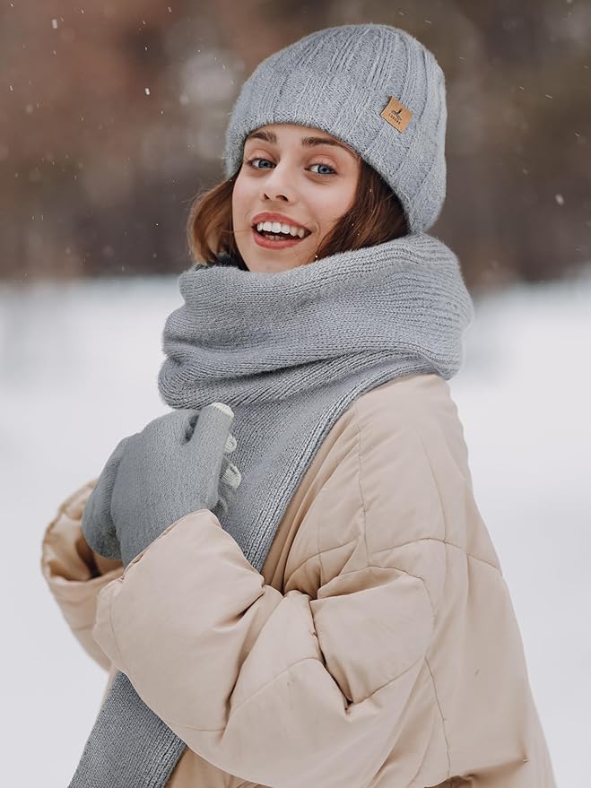 Winter Beanie Hat Scarf Gloves, Warm Fleece Knit Hat Long Scarf Neck Warmer Touch Screen Winter Gloves Set Gifts for Women