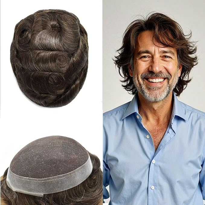 FACE MIRACLE Toupee for Men Lace Center Mens Toupee Hairpiece for Man Human Hair Replacement System Lace Center with Poly around Hair Units Mens Wig Hair Prosthesis 6"X8" #310 Dark Brown with 10% Gray