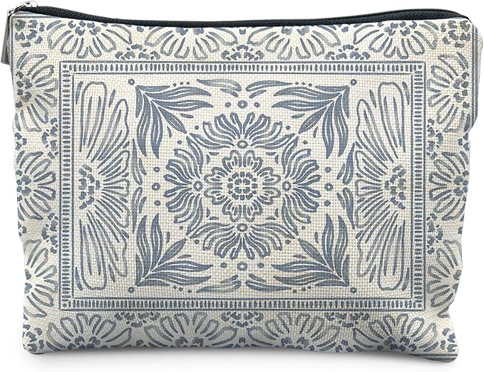 Light Blue Floral Makeup Bag - Vintage Moroccan Tile Chinoiserie Boho Blue Floral Cosmetic Bag