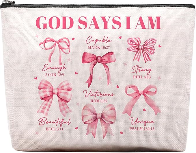 God Says I Am Makeup Bag, Pink Coquette Bow Bible Verse Cosmetic Bag, Inspirational Christian Gifts for Women, Religious Faith Based Gifts Inspirational Affirmations Gift Bag