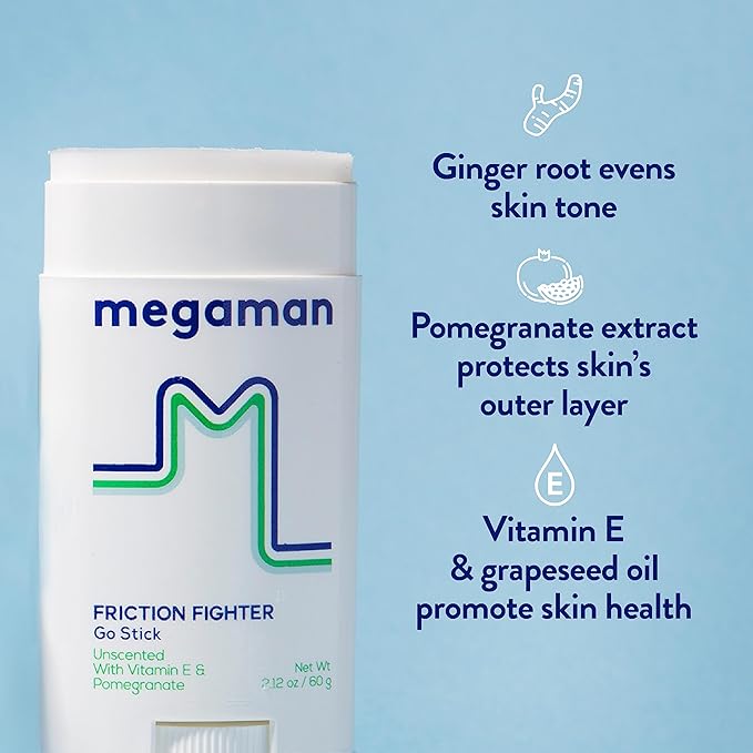 Megababe Megaman Friction Fighter Go Anti-Chafe Stick | Prevents skin chafe & irritation | Thighs, arms, & more | 2.12 oz