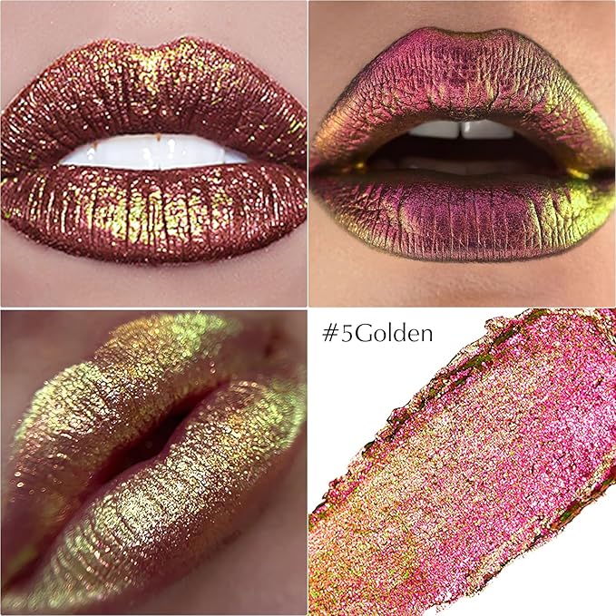 Gold Holographic Glitter Lipstick Makeup, Metallic Lip Stick Long Lasting Lightweight Non-Sticky Hydrating Lip Tinted Full Coverage High-Shine Shimmer Chameleon Lipstick for Women
