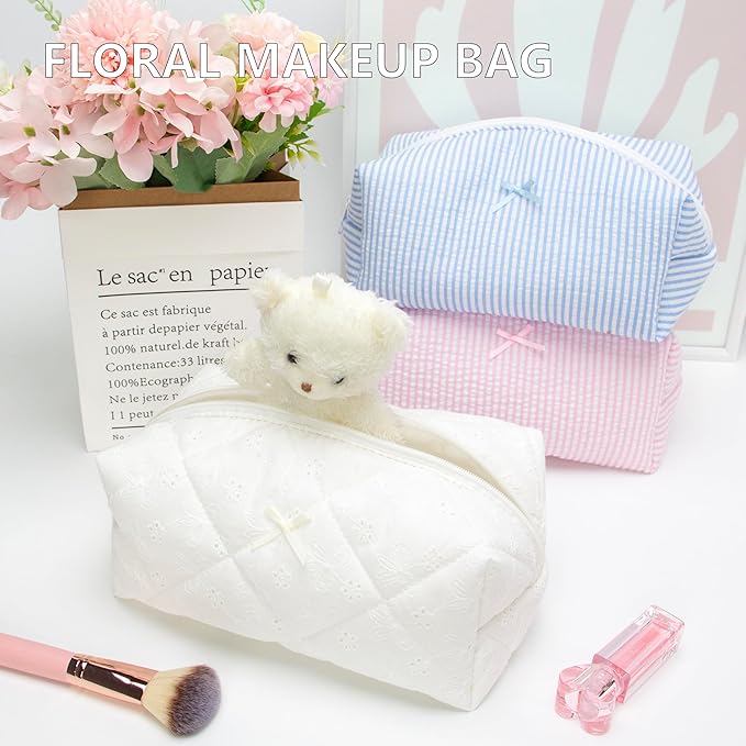 PAZIMIIK 6PCS Cozy Makeup Bag SET Travel Cosmetic Bag for Women Soft Toiletry Bag Aesthetic Makeup Organizer Portable Large Zipper Pouch for Skincare Beauty Accessories Brushes Embroidery White