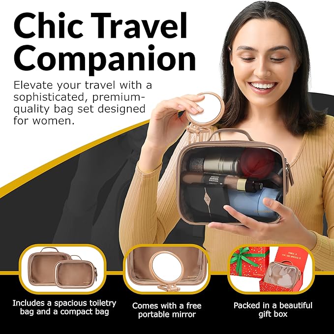 Cosmetic Bag Set - Premium Quality Travel Makeup Bag w/Clear Transparent Front, Best Gift for Travel - 3pcs Gift Set, Large & Small Makeup Bags & Portable Mirror in a Beautiful Gift Box (Nude)