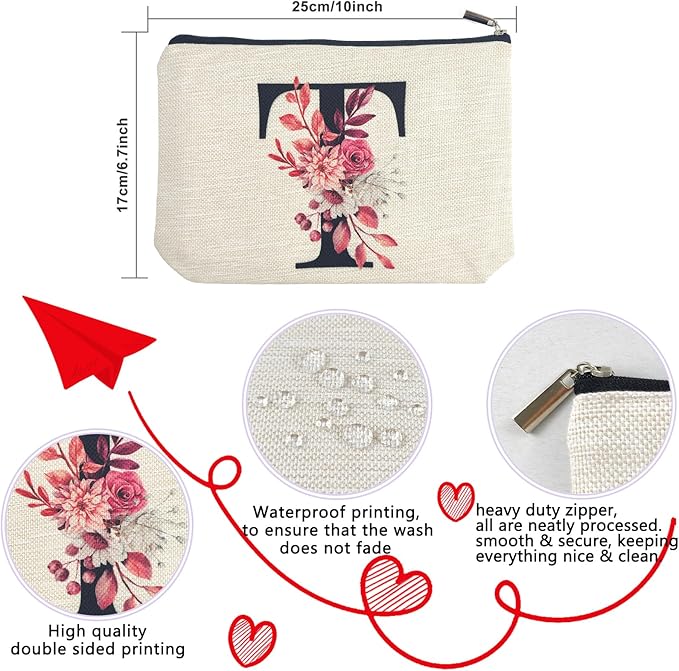 Initial A-Z Personalized Floral Makeup Bag, Monogrammed Birthday Gifts for Women Mom, Mothers Day Christmas Gift Ideas for Best Friend, Bride Bridesmaid, Her, Grandma, Small Travel Cosmetic Bag (T)
