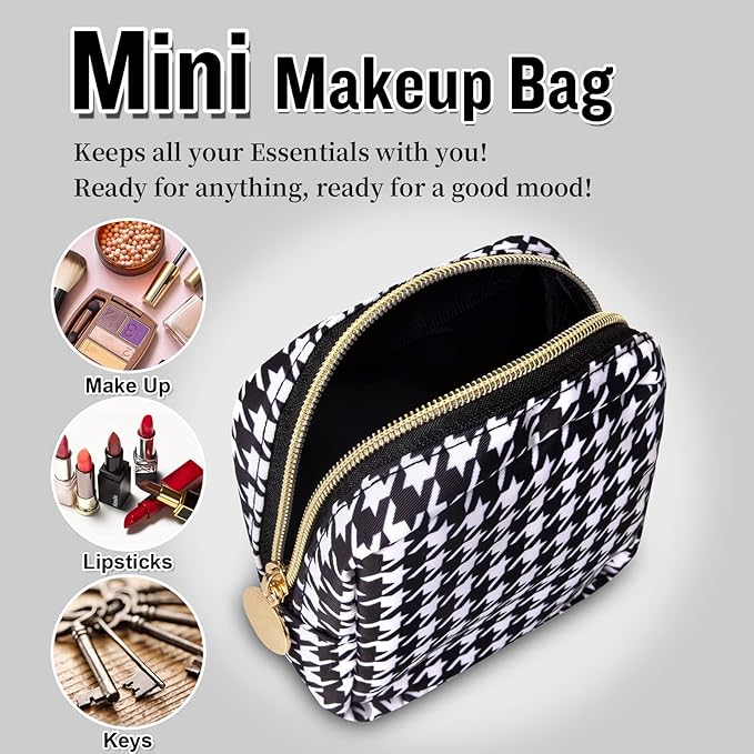 Nylon Mini Makeup Bag for Purse, Small Cute Makeup Bag Preppy Cosmetic Zipper Pouch Purse, Waterproof Travel Coin Pouch Sanitary Napkin Storage Bag Makeup Organizer for Women Girls(Black Houndstooth)